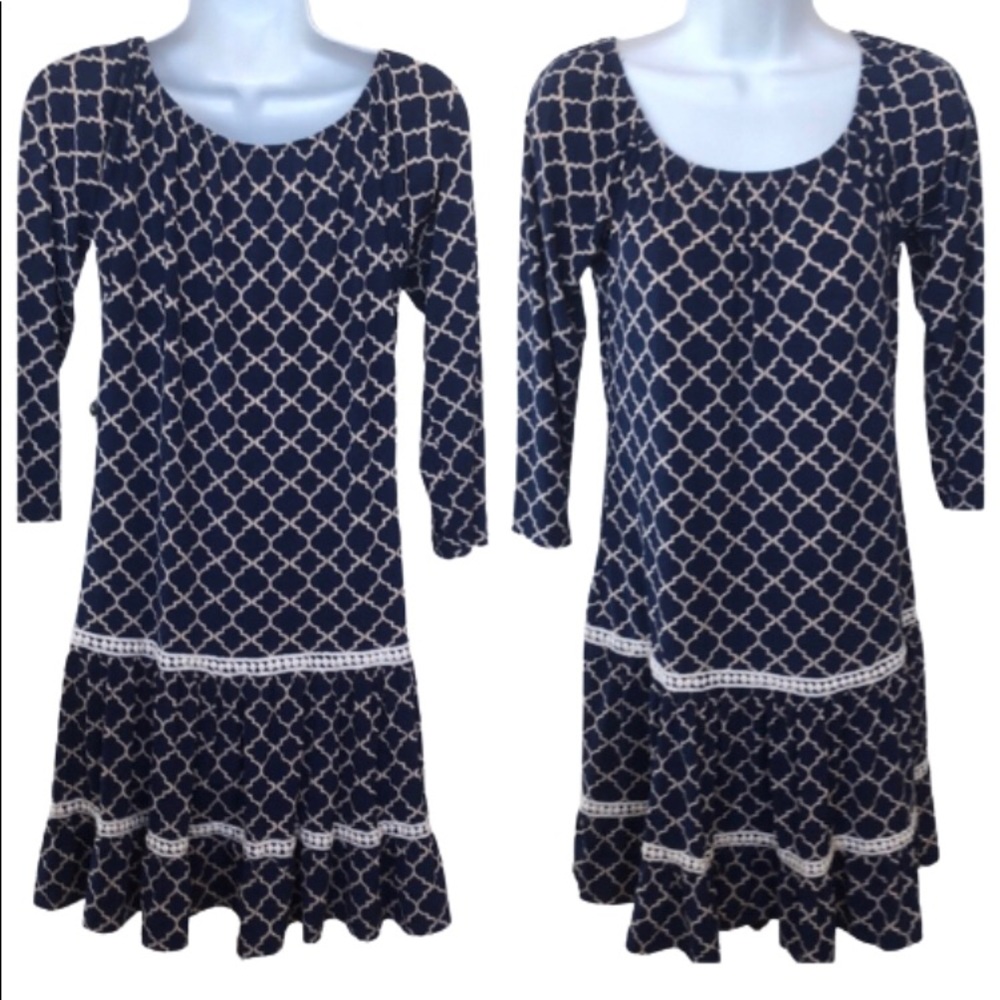 2B TOGETHER NAVY/CREAM GEOMETRIC PRINT DRESS • WHITE TRIM • sz S